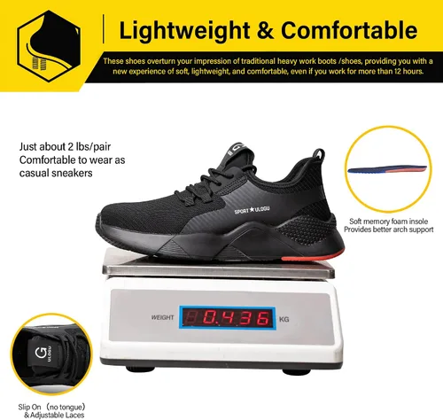 Vista 4 de ulogu Zapatos de punta de acero impermeables para hombres y mujeres, ligeros, cómodos, a prueba de pinchazos, seguridad para el trabajo