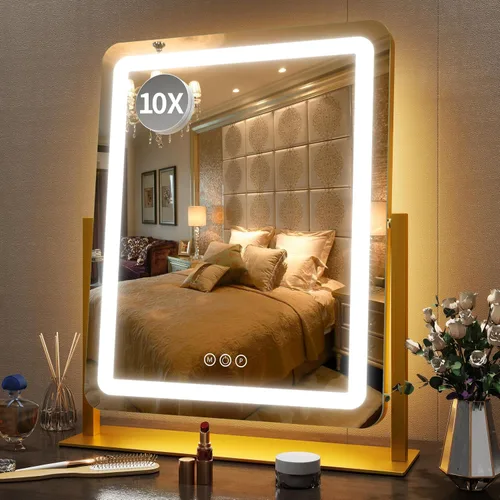 Vista 24 de FENNIO - Espejo de tocador con luces, espejo de maquillaje iluminado LED, pantalla táctil con 3 modos de iluminación, regulable, para mesa