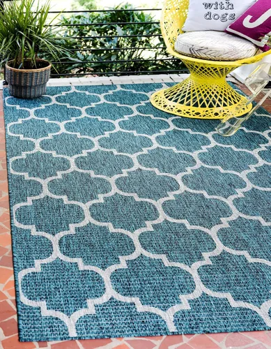 Vista 28 de Unique Loom Outdoor Trellis Collection Alfombra de Área (5' 1" x 8' Oval, Aguamarina/Gris)