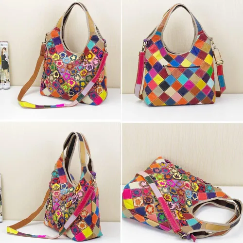 Vista 5 de Bolsos de cuero genuino para mujer, bolso de hombro de diseñador 3D floral hobo bolsas de mano bolso bandolera