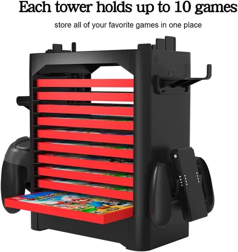 Vista 3 de J&TOP Soporte multifuncional para torre de almacenamiento de disco de juego compatible con Nintendo Switchconsola OLED y controladores Switch Pro