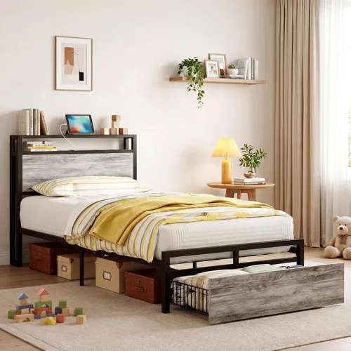 Vista 16 de LIKIMIO - Marco de cama individual con cajón y estación de carga, color marrón oscuro 2-Tier Storage Headboard with Metal Construction Frame, No