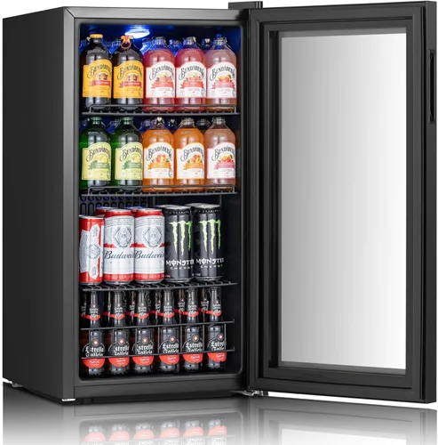 Vista 2 de Yeego Refrigerador de bebidas, mini refrigerador de 105 latas con puerta de vidrio, estantes ajustables, control digital de temperatura para Negro