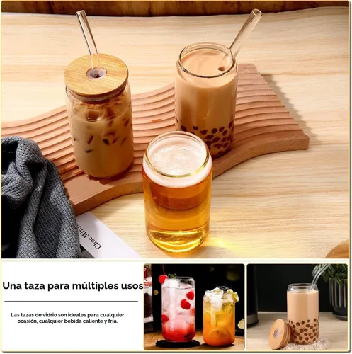 Vista 2 de DWTS DANWEITESI Vasos de vidrio con tapas y pajitas, 4 piezas, juego de vasos de 16 onzas para accesorios de barra de café, tazas de café helado