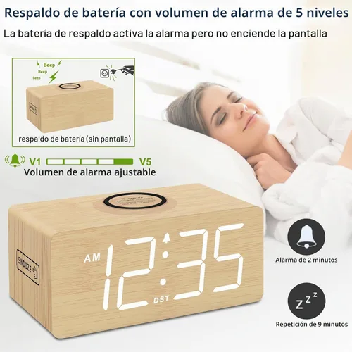 Vista 6 de DreamSky Wooden Digital Alarm Clock with Wireless Charging for Bedroom Bamboo