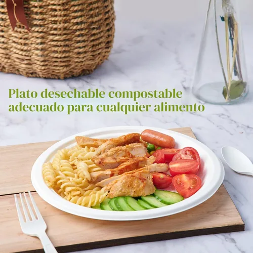Vista 5 de Platos de papel resistentes 100% compostables de 10 pulgadas, paquete de 150 platos desechables biodegradables ecológicos de bagazo de caña de Blanco