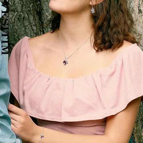 Vista 2 de Juego de joyas de plata de ley con diseño de mariposas y granate para mujer, collar, aretes, pulsera, regalo