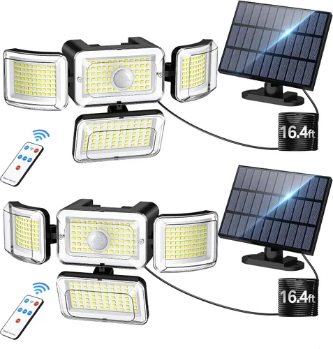 Vista 9 de CLAONER Luces solares para exteriores, sensor de movimiento, 3500 lm, 288 luces LED de seguridad con control remoto, IP67, impermeable, 4 cabezales