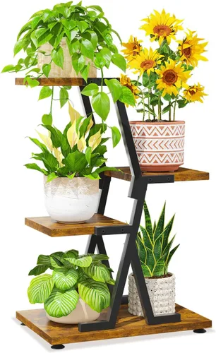 Vista 15 de LASZOLA Soporte para plantas de 5 niveles alto de madera y metal para interiores para macetas de servicio pesado, estante vertical grande