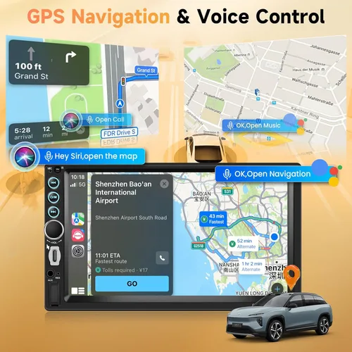 Vista 4 de Estéreo de coche doble DIN con pantalla táctil HD de 7 pulgadas, Carplay inalámbrico y Android Auto, Bluetooth, SWC, receptor de radio FM