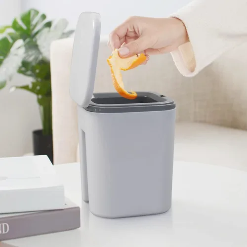 Vista 5 de Vababa Cubo de basura pequeño gris de 0.5 galones, mini bote de basura con botón