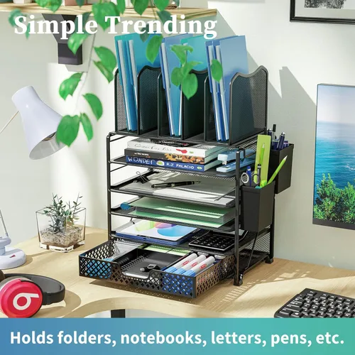 Vista 7 de Simple Trending – Organizador de archivos de escritorio de malla metálica de 5 niveles, bandejas para papel tamaño carta con cajón deslizante