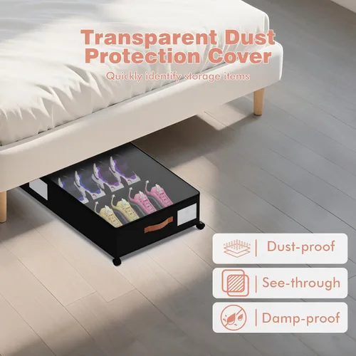 Vista 3 de Almacenamiento Debajo de la Cama con Ruedas - Contenedores Rodantes Debajo de la Cama con Tapa Transparente de PVC y Divisores, Tela Oxford 600D