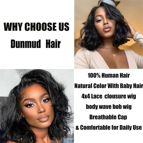 Vista 4 de Peluca Bob de Cabello Humano 4x4 Pelucas de Encaje Frontal sin Pegamento Cabello Humano Pre Arrancado Bob Corto Body Wave Pelucas de Cierre