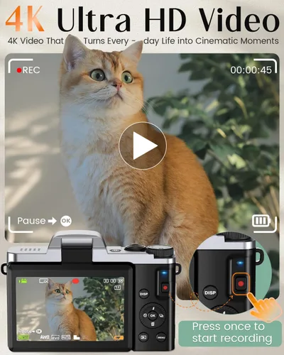 Vista 2 de Cámara digital 4K para fotografía con WiFi, cámara de videoblogs de 64 megapíxeles con enfoque automático para YouTube, cámara compacta de viaje