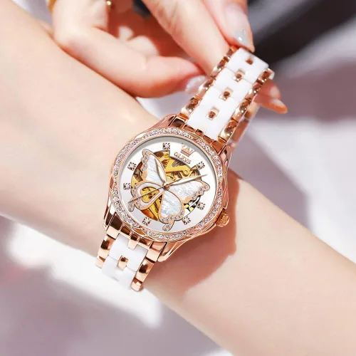 Vista 3 de OLEVS Relojes de oro rosa para mujer correa de acero inoxidable de cerámica reloj mecánico automático calendario de puntero luminoso impermeable