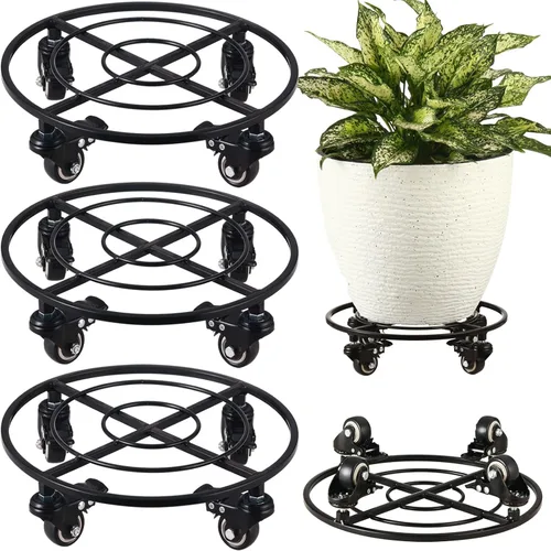 Vista 10 de Paquete de 2 organizadores grandes de metal para plantas con ruedas de 13.6 pulgadas, soportes rodantes para plantas de hierro forjado, rodillos