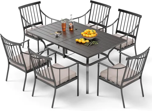 Vista 20 de PHI VILLA Juego de mesa de comedor para patio de 7 piezas con cojín para 6, mesa grande rectangular de metal para exteriores con orificio para Silla