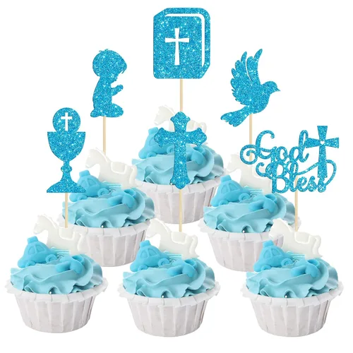 Vista 13 de Gyufise 24 piezas de decoración de cupcakes con purpurina azul que Dios bendiga y cruz, decoración de pastel para baby shower, bautismo, fiesta
