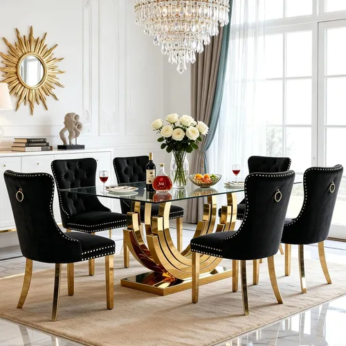 Vista 24 de SSLine Mesa de comedor de cristal dorado de 70 pulgadas para 4-6, base de Mesa de oro floral