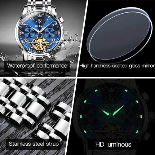 Vista 6 de OLEVS - Relojes automáticos para hombre, diseño mecánico con cuerda automática, reloj de pulsera de lujo de moda, esqueleto, luminoso, impermeable