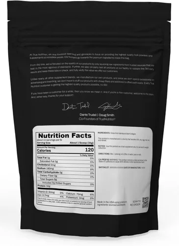 Vista 2 de True Nutrition Polvo de colágeno hidrolizado, alimentado con pasto, carne de res criada en pasto, 1.13 oz de proteína de colágeno por porción