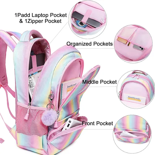Vista 4 de Meisohua Mochilas escolares para niñas, mochila de unicornio con bolsa de almuerzo y estuche para lápices, juego de bolsas escolares 3 en 1