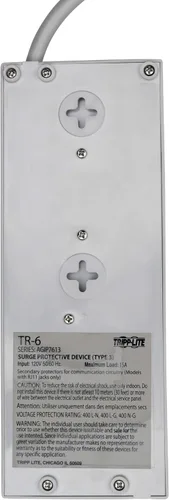 Vista 7 de Tripp Lite Regleta de protección contra sobretensiones de 6 tomas, cable de 6 pies, enchufe de ángulo recto y seguro de $50,000 (TR-6), gris