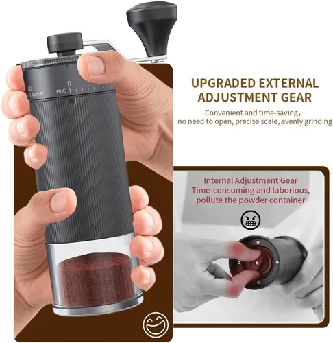 Vista 2 de Molinillo de café de mano, rebaba cónica para expreso, prensa francesa, vertido, doble rodamiento, capacidad de ajuste externo, 0.88 oz