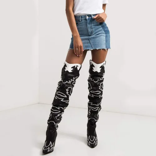 Vista 6 de Cape Robbin - Botas vaqueras Kelsey-21 para mujer, botas sobre la rodilla, con tacones gruesos y cuadrados, botas elegantes y a la moda para mujer