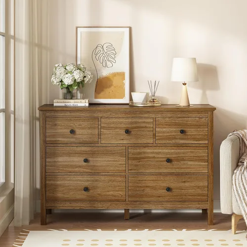 Vista 6 de Cómoda de roble para dormitorio, cómoda moderna de 7 cajones de 47 pulgadas con asas negras Cómoda de almacenamiento de madera de estilo natural