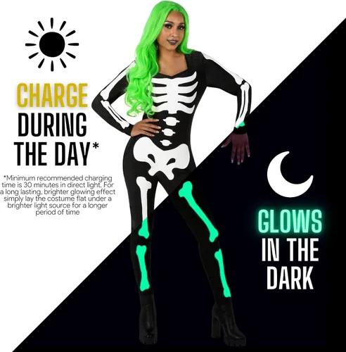 Vista 3 de Morph Disfraz de esqueleto que brilla en la oscuridad para mujer, disfraz de esqueleto de Halloween, body de esqueleto para mujer