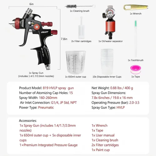 Vista 8 de 819 HVLP - Kit de pistola de pulverización de aire con boquillas de 1.4/1.7/0.079 in, pistola de pintura incluye 10 tazas de mezcla de 22.0 fl oz