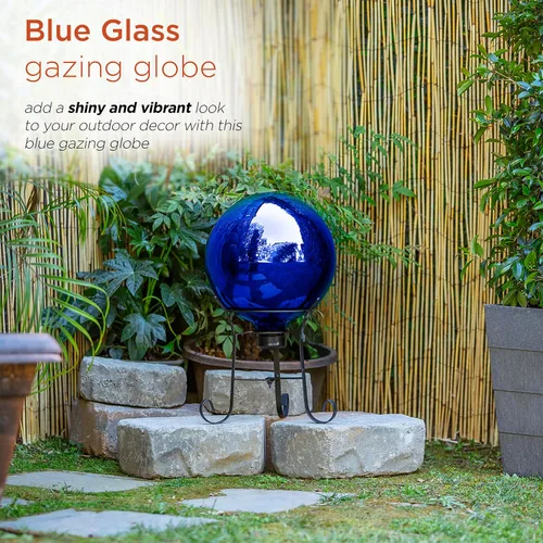 Vista 4 de Alpine Corporation Globo mirador de cristal para interiores y exteriores de 10 pulgadas — Decoración festiva de jardín y patio — Azul