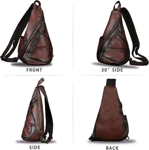 Vista 4 de Bolso bandolera de cuero genuino para hombres y mujeres vintage Sling Mochila bandolera bandolera bolsa de pecho para iPad