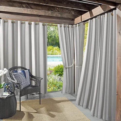 Vista 14 de Par de paneles de cortina con ojales Sun Zero Valencia estilo cabaña a rayas para interior/exterior con protección UV y eficiencia energética