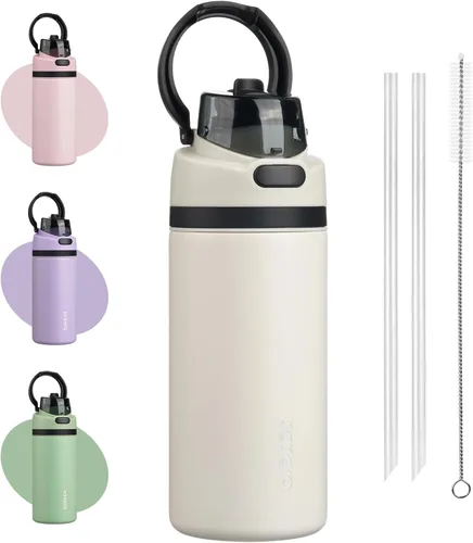 Vista 26 de BJPKPK Botella de agua aislada de 17 onzas con tapa de popote y asa, acero Verde militar