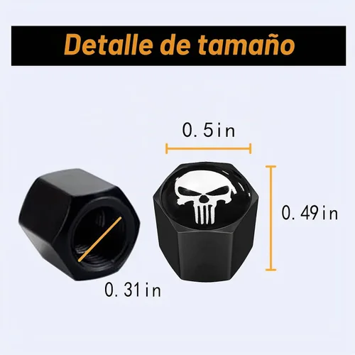 Vista 2 de Ajxn Paquete de 4 tapas de válvula de neumático con calavera para rueda de coche, cubiertas herméticas a prueba de polvo, tapas universales