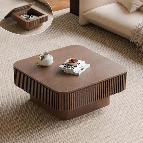 Vista 10 de Mesa de café cuadrada pequeña con almacenamiento, mesa de café moderna de madera con chapa de madera maciza, mesa central estriada