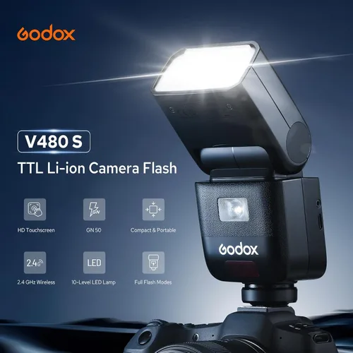 Vista 2 de Godox V480-S V480 Flash para Sony, Speedlite con Pantalla Táctil, GN50 de Alta Salida, Carga USB-C, Reciclaje Rápido de 1.7s, 650 Parpadeos