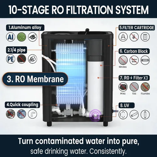 Vista 3 de Purewell® K8680 RO Sistema purificador de agua, 10 etapas RV portátil de filtración de agua de supervivencia con UV, tasa de desalinización alcanza