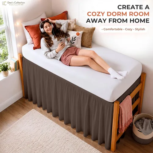 Vista 22 de Dorm Ruffle Twin XL 28" Drop Extra Long BedSkirt, Premium Brushed Microfiber Tailored Drop, Put On Elastic Long Dust Ruffle, Split Corner, Bedroom