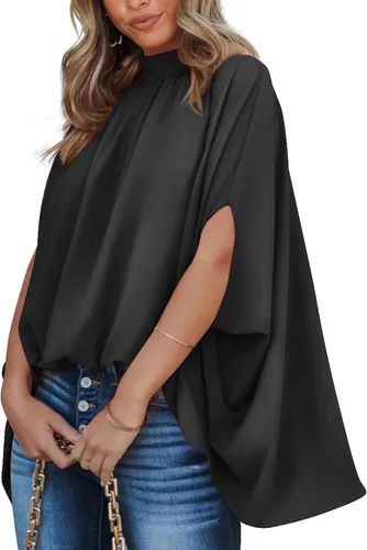 Vista 135 de BTFBM Blusas de verano para mujer, cuello alto falso, manga murciélago, holgadas, dobladillo alto y bajo, blusas informales de gran