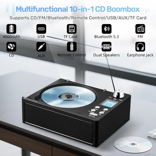 Vista 3 de Boombox reproductor de CD portátil, Boombox recargable de 4000 mAh con reproducción de CD-R/RW/MP3, radio FM/USB/TF/AUX/control remoto, Bluetooth