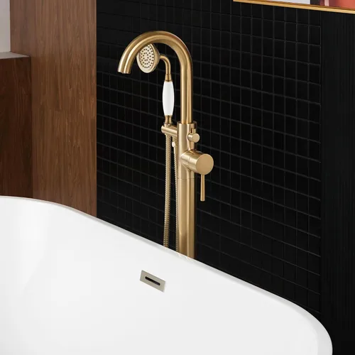 Vista 11 de WOODBRIDGE Grifo de llenado de bañera independiente contemporáneo de una sola manija con ducha de mano en acabado dorado cepillado, F0007-BGVT