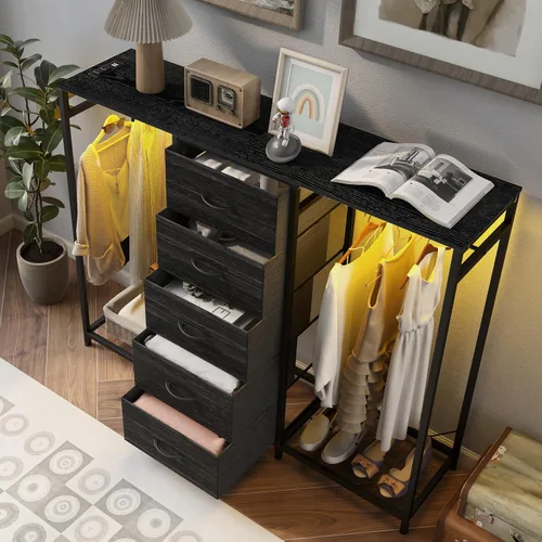 Vista 4 de Espelism Cómoda para dormitorio con perchero, cómoda de 5 cajones con estación de carga, luces LED, cómoda blanca, estante flexible y espacio