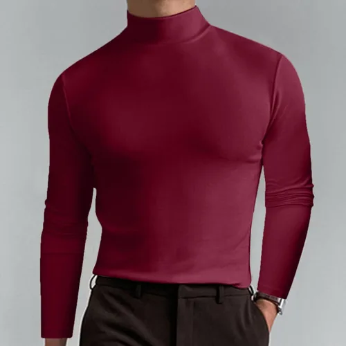Vista 4 de Mens Flannel Shirts Long Sleeve Male Autumn and Winter Solid Color T Shirt Top Turtleneck Top Petite Mock