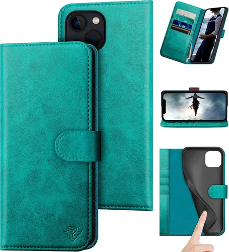 Vista 12 de DuckSky Funda tipo cartera de piel auténtica para iPhone 14 de 6.1 pulgadas con bloqueo RFID, 4 tarjeteros de crédito. Cuero auténtico. Funda