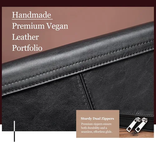 Vista 3 de Portafolio de cuero con carpeta de 3 anillas, padfolio de cuero vegano con cremallera, portafolio organizador profesional de negocios para regalo