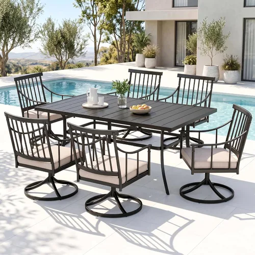 Vista 24 de PHI VILLA Juego de mesa de comedor para patio de 7 piezas con cojín para 6, mesa grande rectangular de metal para exteriores con orificio para Silla